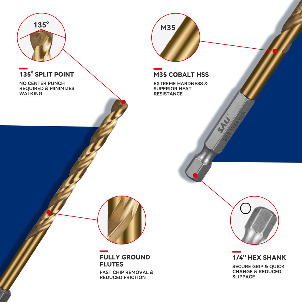 SALI Cobalt Drill Bit Set,10 Pack 15/64 Inch High Speed Steel Hex Shank Jobber Drill Bits, for Hardwood, Aluminum,Metal,Copper,Alloyed Steel