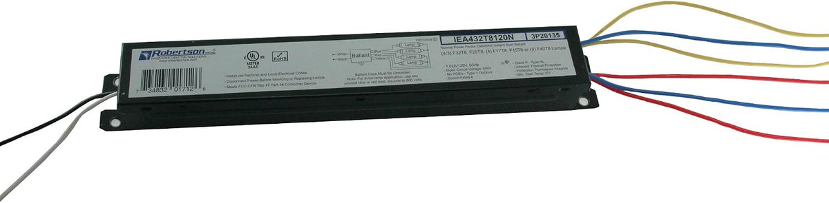 Robertson IEA432T8120N (3P20135) Electronic Fluorescent Ballast, for 3 or 4 T8 Fluorescent lamps between 17W-32W (F17T8 through F32T8) or 3 F40T8 Lamps, Instant Start, 120V (Qty 1)