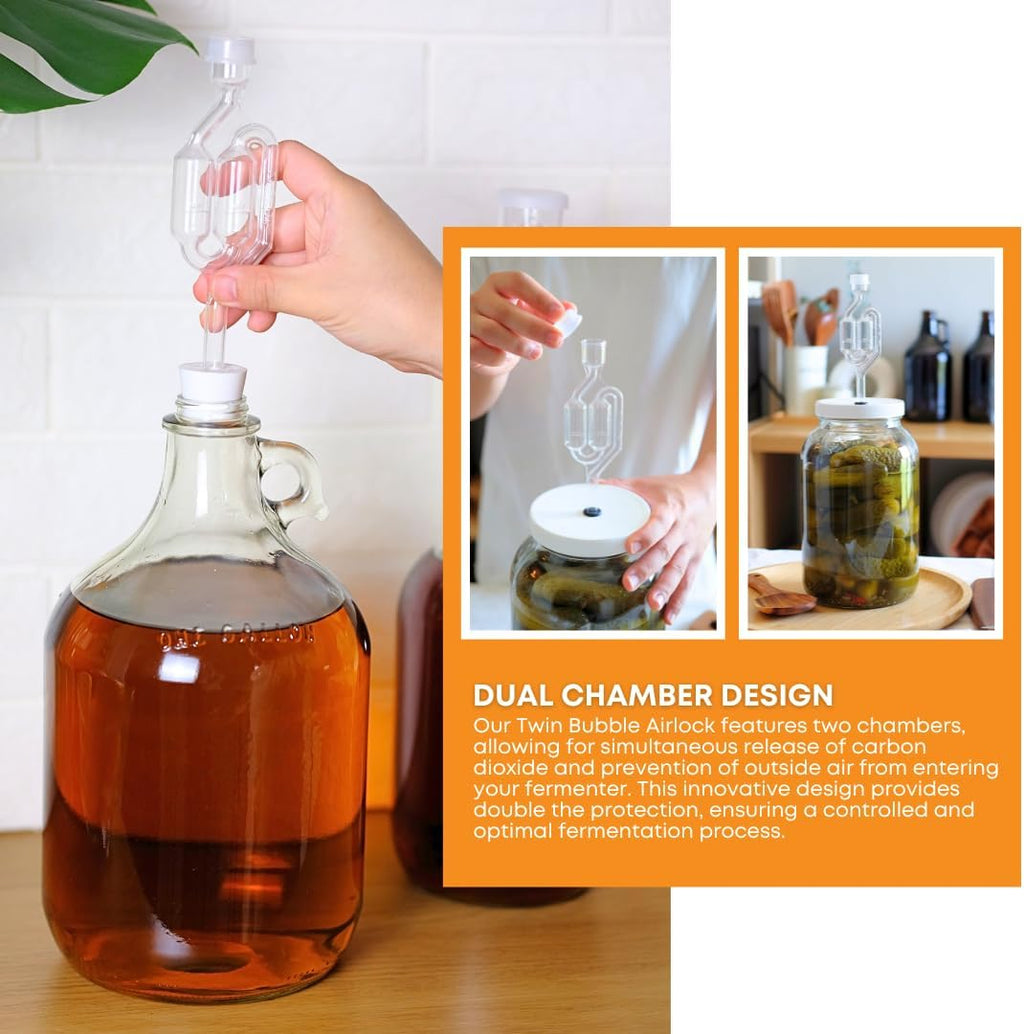 1 Gallon Glass Jug with Black Polyseal Caps, 6.5G Rubber Bungs & Twin Bubble Airlocks – Fermentation Jars for Home