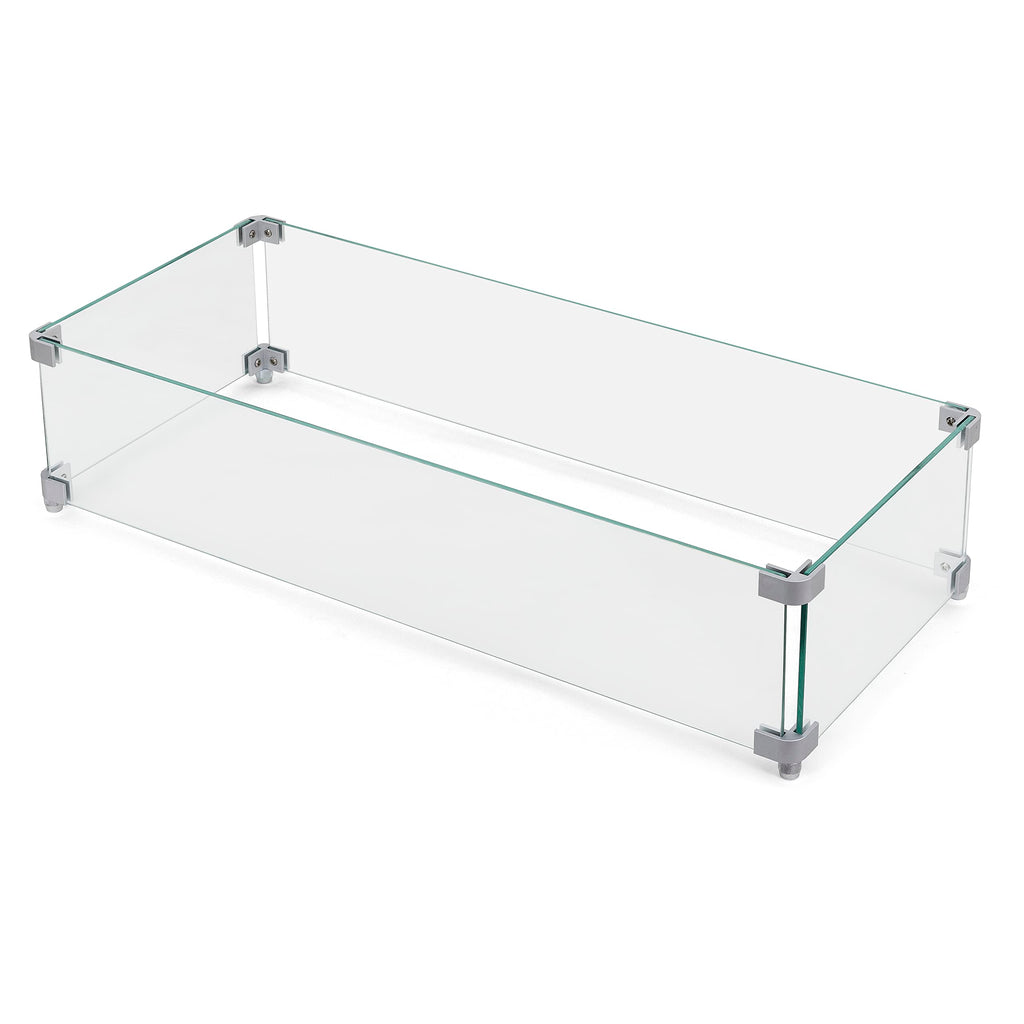 27.6'' x 11.7'' x 6.5" Rectangular Fire Pit Wind Guard, Transparent Tempered Glass, Polished Aluminum Brackets, 3M