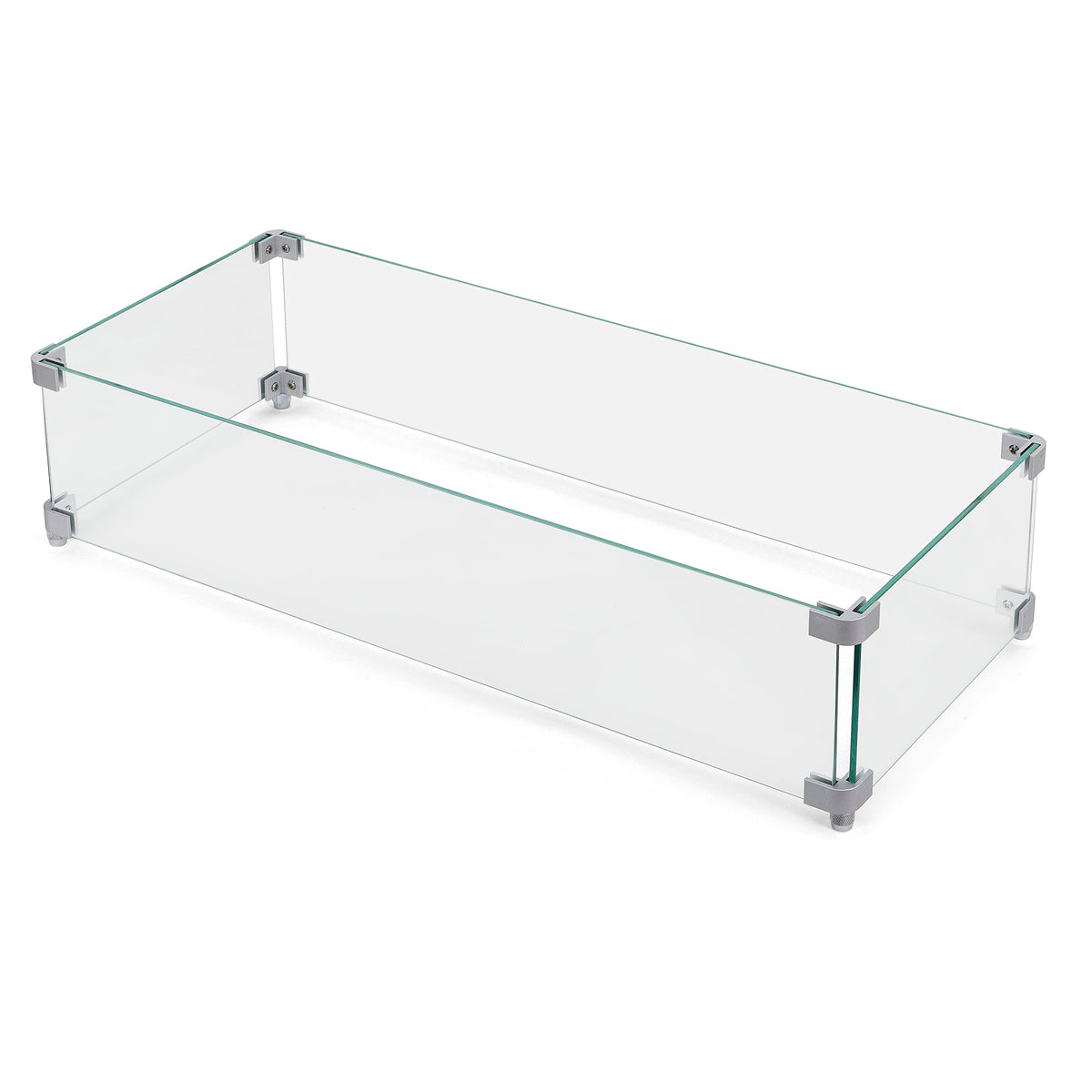 27.6'' x 11.7'' x 6.5" Rectangular Fire Pit Wind Guard, Transparent Tempered Glass, Polished Aluminum Brackets, 3M