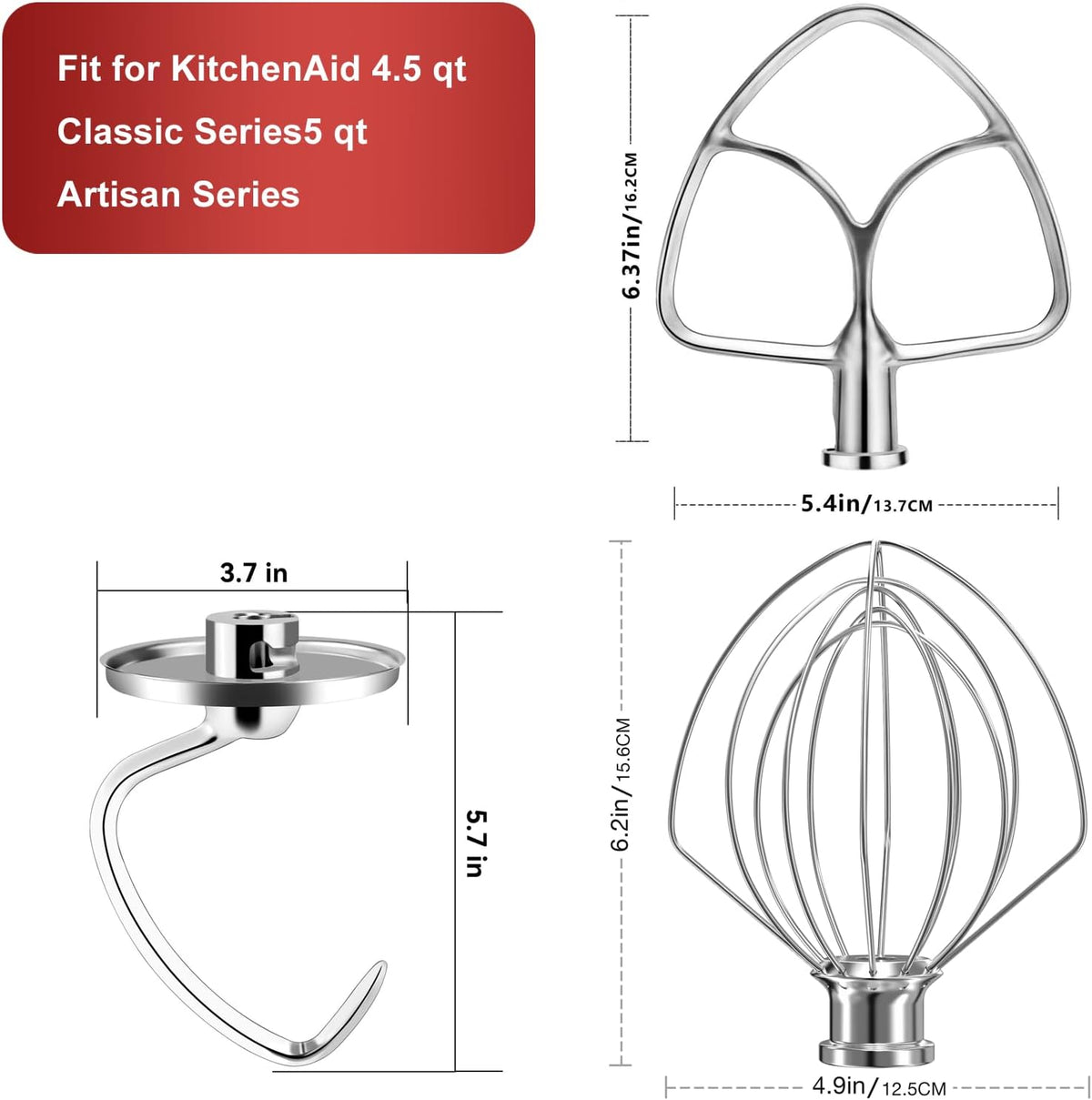 Stainless Steel Stand Mixer Attachments 3-Piece (4.5-5QT Flat Beater, 4.5-5QT Dough Hook, K45WW 6-Wire Whip