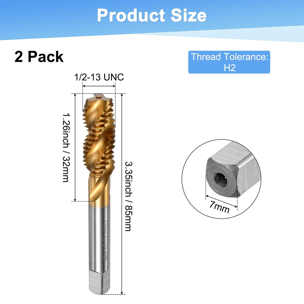 M METERXITY 2-Pack 1/2-13 UNC Spiral Flute Thread Tap, HSS Titanium Coated Right Hand Threading Tap Screw for Drilling/Milling Machines/CNC Machine Tools, Tapping Tool