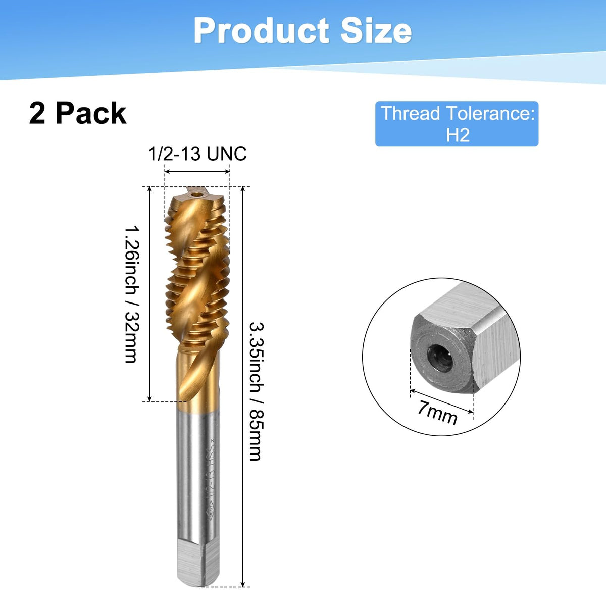 M METERXITY 2-Pack 1/2-13 UNC Spiral Flute Thread Tap, HSS Titanium Coated Right Hand Threading Tap Screw for Drilling/Milling Machines/CNC Machine Tools, Tapping Tool