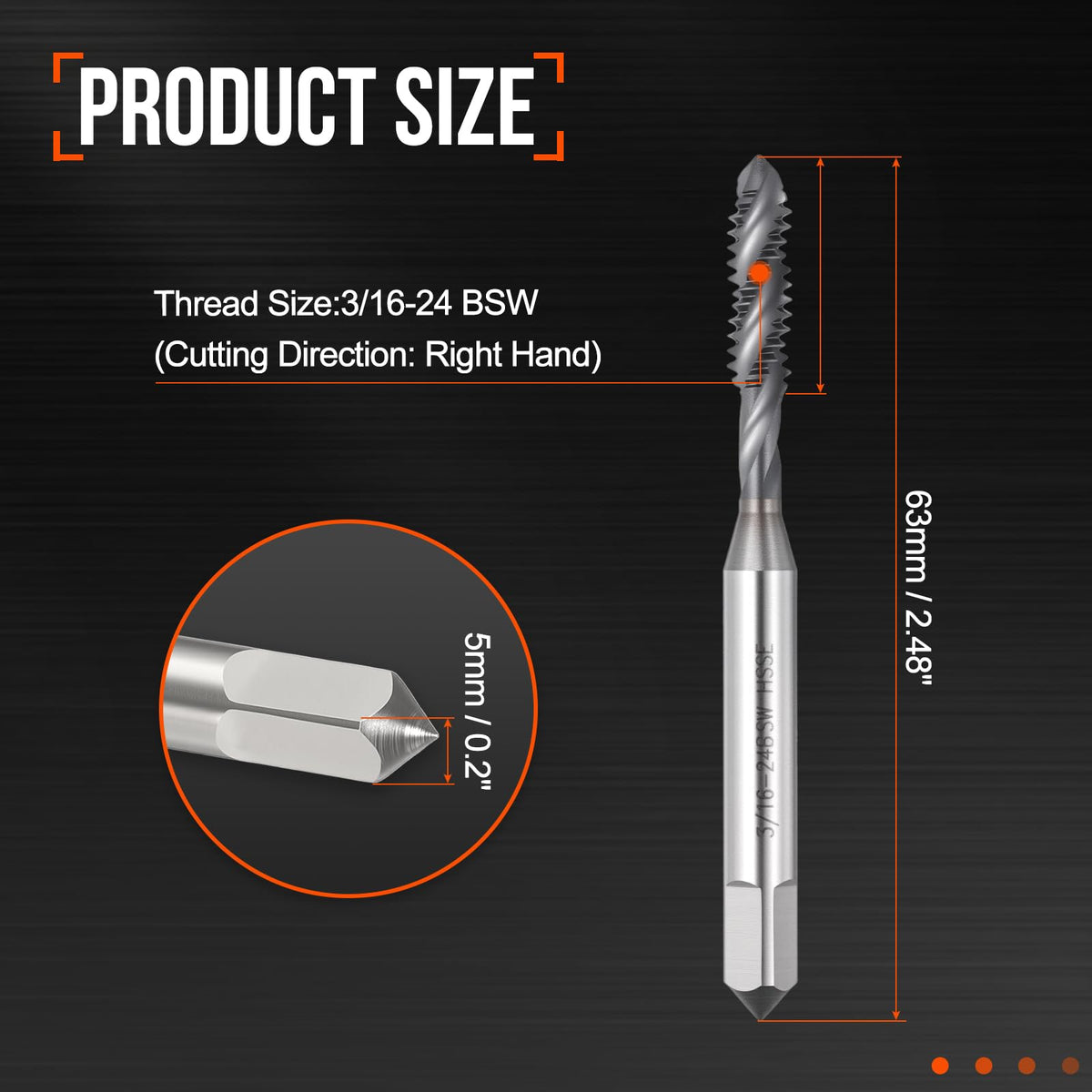 Workkyma 3/16-24 BSW Spiral Flute Thread Tap M35 High Speed Steel TICN