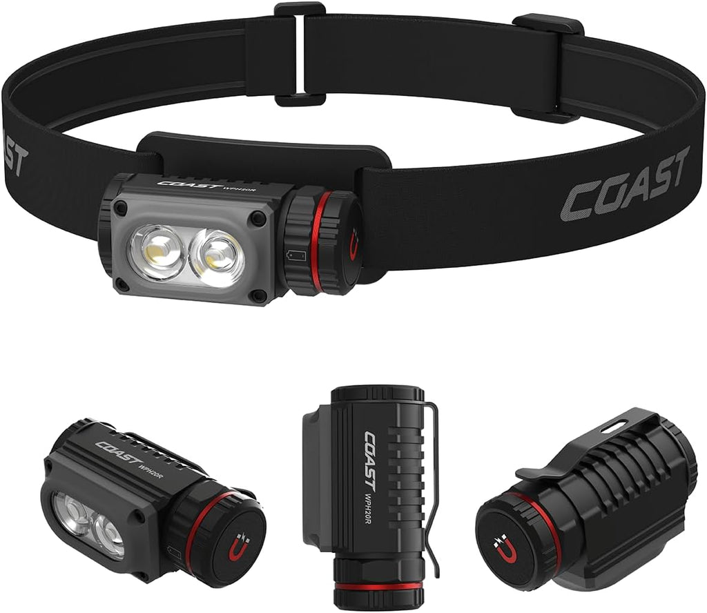 WPH20R 2000 Lumen IP67 Waterproof USB-C Rechargeable+ Headlamp with SPOT and Flood Beams, Pocket and Hat Clip, 6