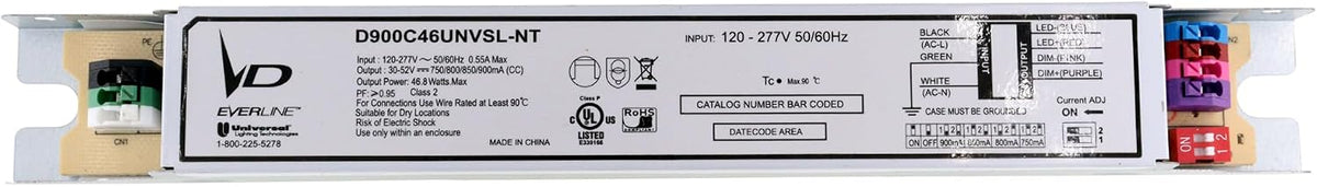 Universal Lighting D900C46UNVSL-NT Dimmable LED Driver, 30-52Vdc, 47W, Selectable mA Output, 120-277V