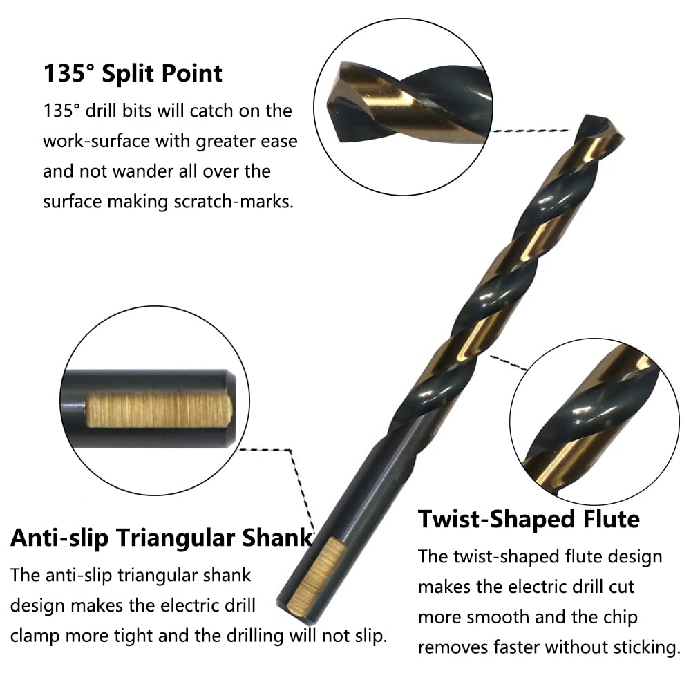 VALYRIANTOOL 6PCS 27/64" HSS Black Gold Twist Drill Bits Set, 135 Degree Split Point, Jobber Metal Drill Bit, General Purpose for Use in Mild Steel, Copper, Aluminum, Zinc Alloy, Wood, and Plastic