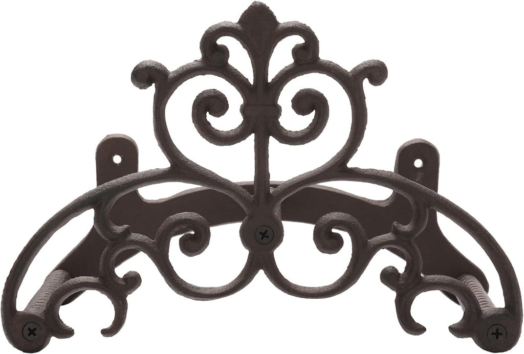Brown Heavy Duty Cast Iron Outdoor Garden Water Hose Hanger | Wall Mounted Hose Reel with Vintage Scrollwork Design