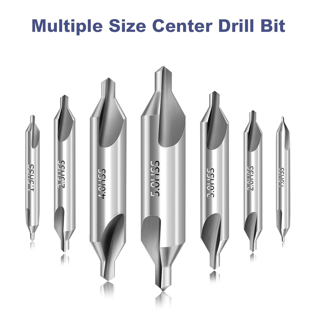 Center Drill Bit Set - M2 High Speed Steel Center Drill, 7pcs 60-Degree Angle Centering Drill Bits Countersink Tools for Lathe Metalworking in Size 1.0 1.5 2.0 2.5 3.0 4.0 5.0