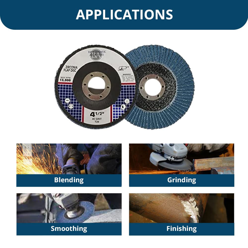 Benchmark Abrasives 4.5" x 7/8" Zirconia Type 29 Flap Discs 4 1/2 for Angle Grinder, Rust Removal Finishing Stainless Steel Grinding Wheels 4 1/2 Inch, 40, 60, 80 Grit - (15 Pack)