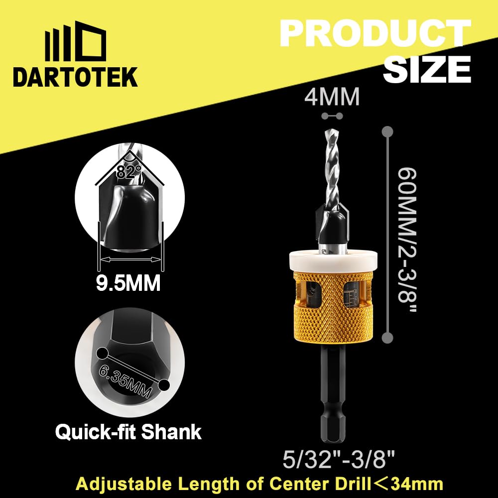 DARTOTEK Countersink Drill Bit Set，with Low Friction Depth Stop, 5/32"-3/8" HSS M2 Counter Sink Drill Bit for US Wood Screw Adjustable Depth Countersink Drill Bit (2 of Pack)