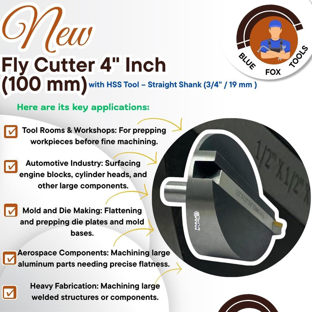 BlueFox Large Head 4" (100 mm) Diameter Fly Cutter with Carbide Indexable Tip Facing Tool – 3/4" (19 mm) Straight Shank, High-Speed Metalworking Tool for Milling Machines, Smooth Finish