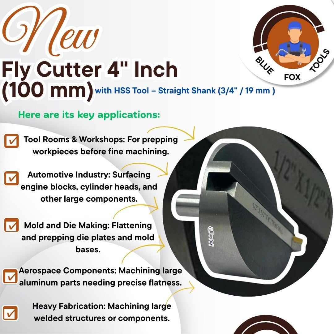 BlueFox Large Head 4" (100 mm) Diameter Fly Cutter with Carbide Indexable Tip Facing Tool – 3/4" (19 mm) Straight Shank, High-Speed Metalworking Tool for Milling Machines, Smooth Finish