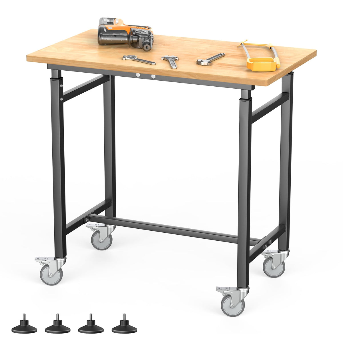 Adjustable Workbench with Rubberwood Top, Rolling 32x18 in Worktable