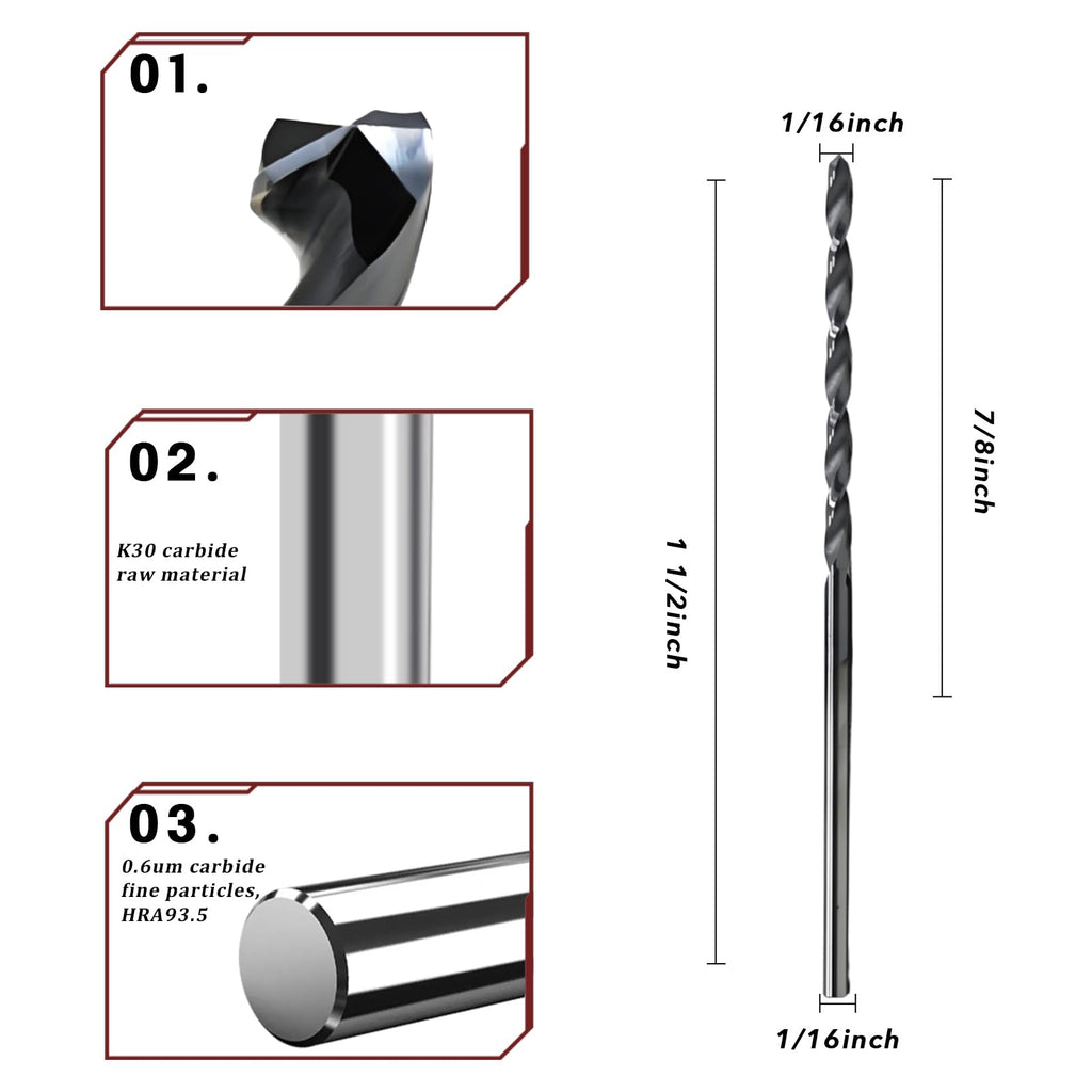 5PCS 1/16 Solid Carbide Drill Bit for Stainless Steel Hardened Steel Metal 1/16 CNC Tungsten Carbide Twist Drill Bits Set 135° Point Angle