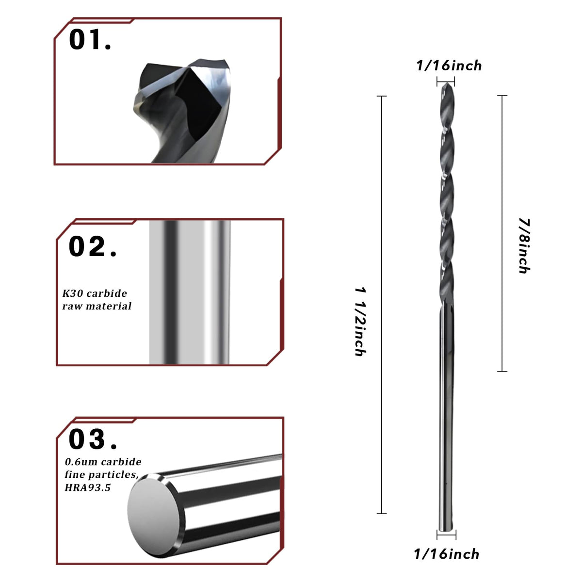 5PCS 1/16 Solid Carbide Drill Bit for Stainless Steel Hardened Steel Metal 1/16 CNC Tungsten Carbide Twist Drill Bits Set 135° Point Angle