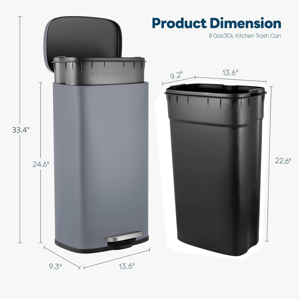 8 Gal Kitchen Trash Can, 30L Recycling or Garbage Bin, with Step-On Pedal