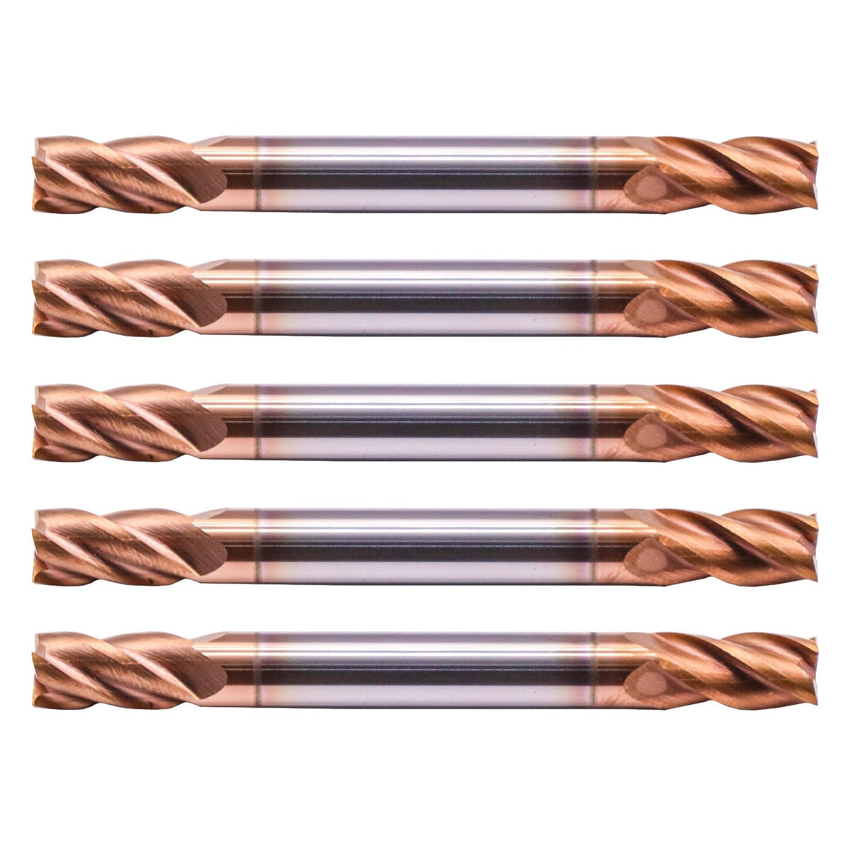 5 Pack 1/4" 4 Flute Double End Solid Carbide Square End Mills, TiSiN Coated