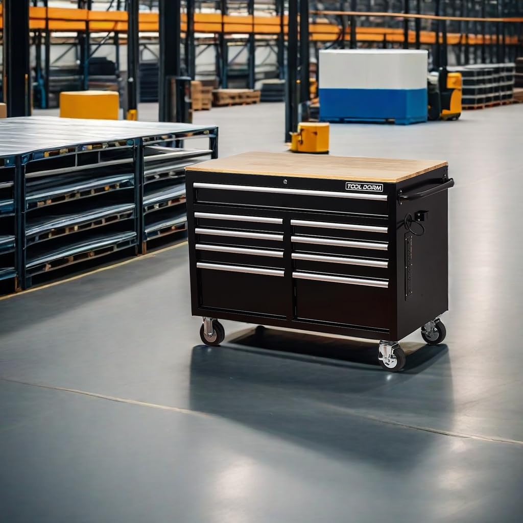 Rolling Large Tool Chest Extra-Deep 46-Inch 9 Drawers, Big Tool Chest with Drawers, Workbench with Wooden Top &