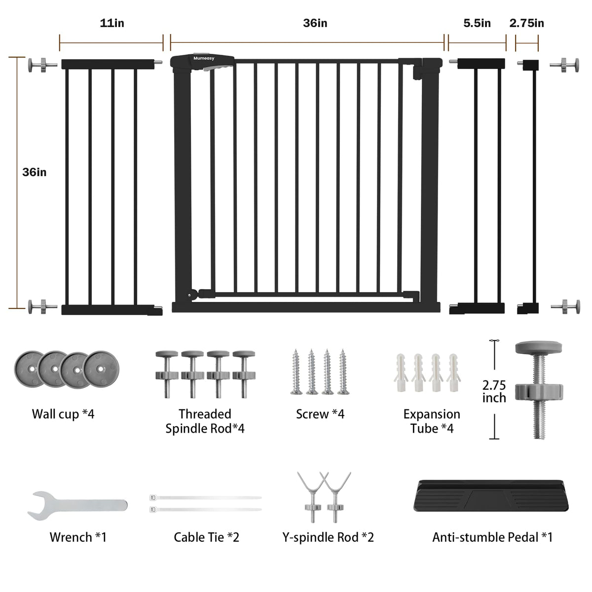 36-58" Wide x 36" Extra-Tall & Extra-Wide Adjustable Hardware/Pressure-Mounted Pet & Child Safety Gate with Dual-Lock Walk-Through Swing Door for Stairs, Hallways & Wide Doorways — Black