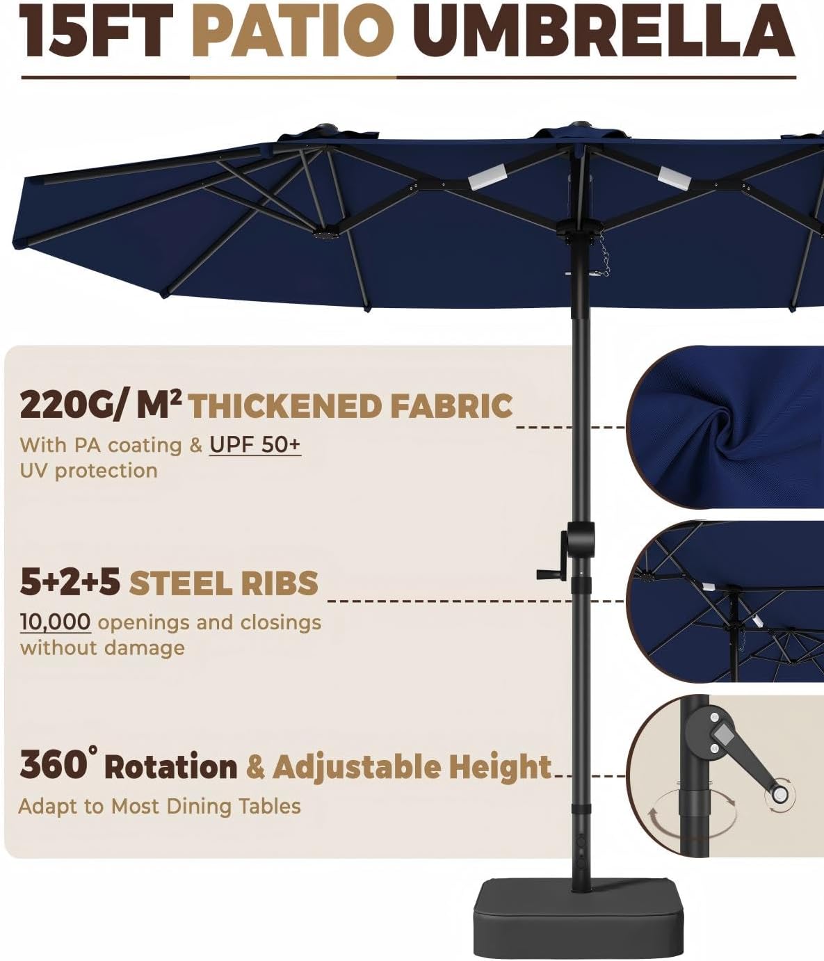 15ft Patio Umbrella with Base Include, Large Outdoor Double-Sided Rectangle Umbrella with Easy Crank Handle for