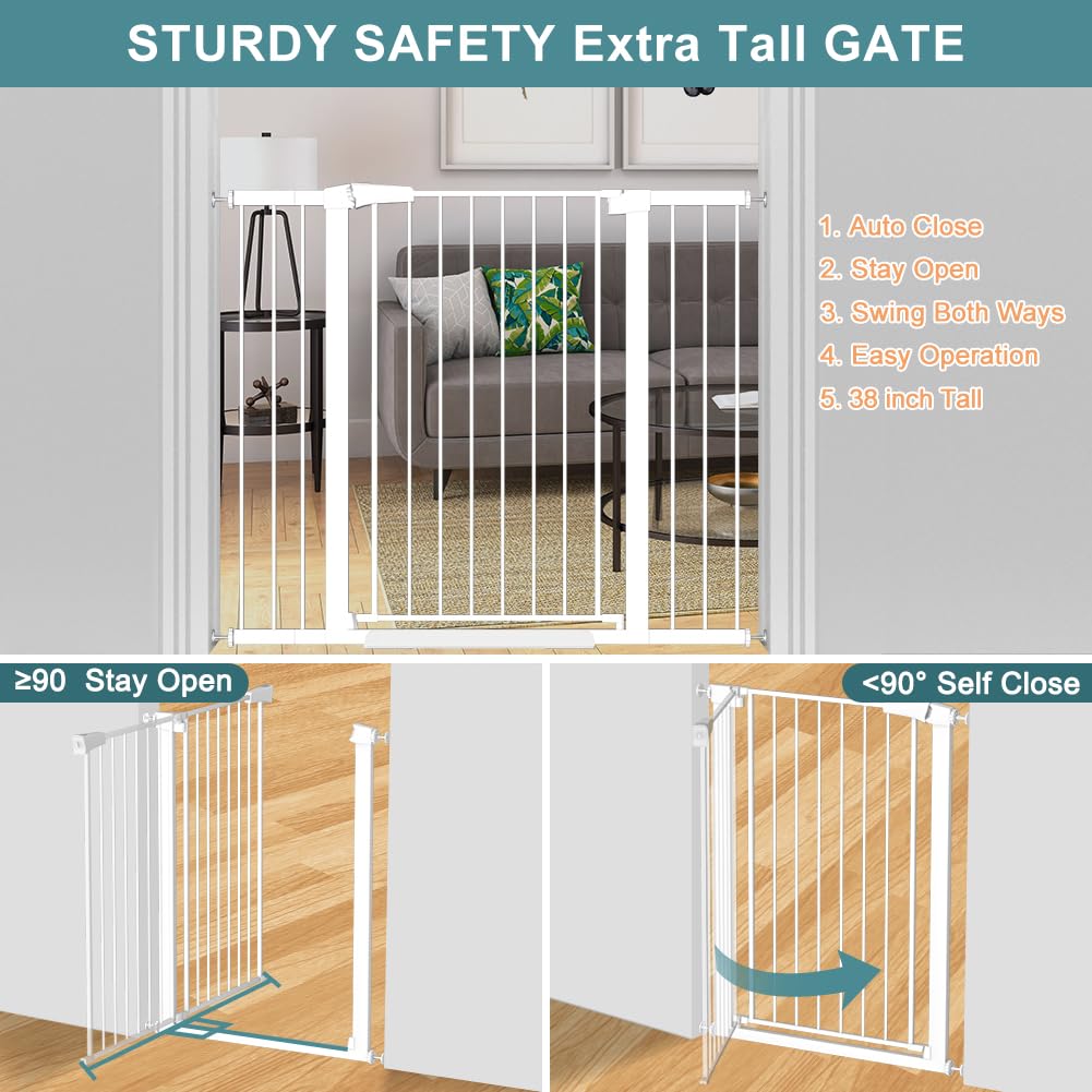 38" x 48.9-54.3" Extra-Tall & Extra-Wide No-Drill Pressure-Mounted Pet & Child Safety Gate with Auto-Close Walk-Through Door for Stairs, Hallways & Wide Doorways