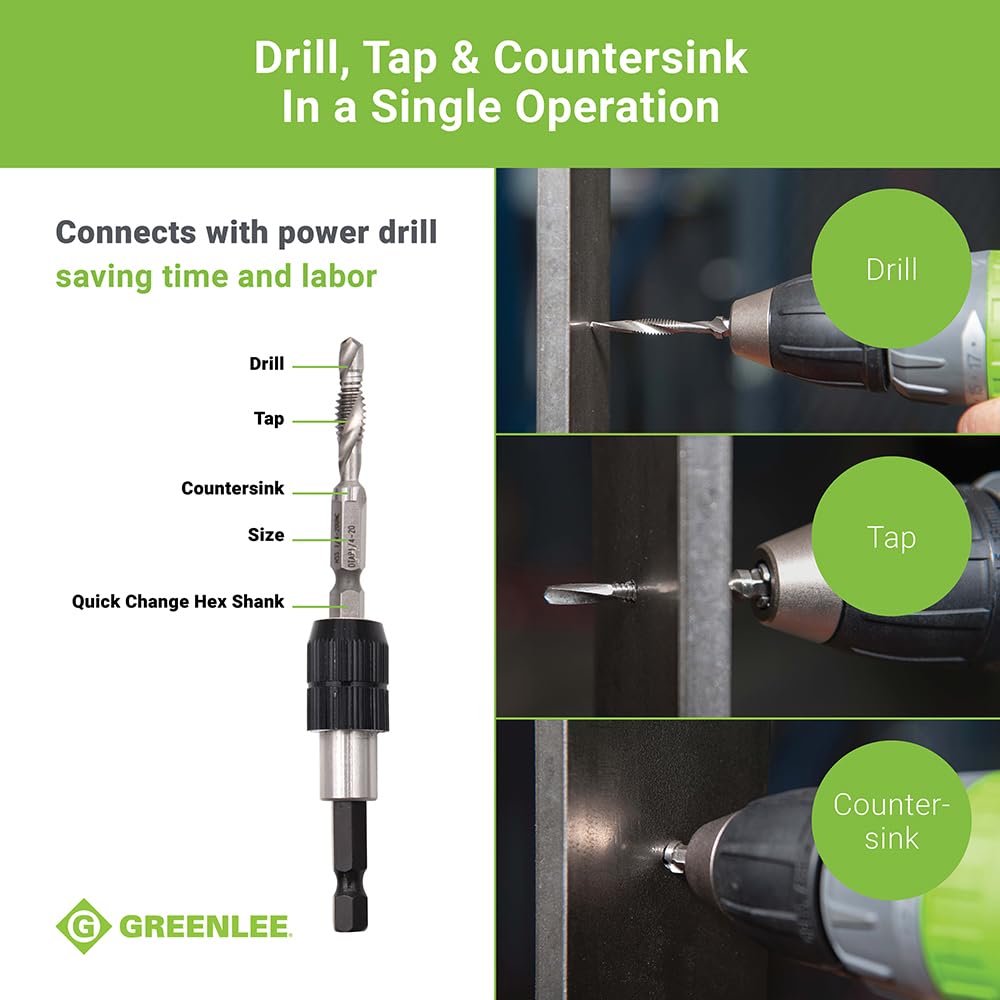 Greenlee DTAPKIT Drill/Tap Kit for Metal, One-Step Drilling, Tapping, and Deburring/Countersinking Set with Quick Change Adaptor, 6-32 to 1/4-20