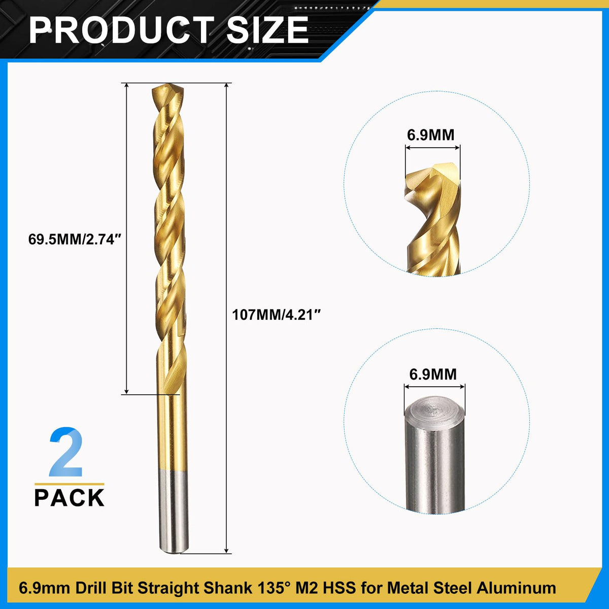 PATIKIL 6.9mm Drill Bit M2 High-Speed Steel 135° TiN Coated 2Pcs