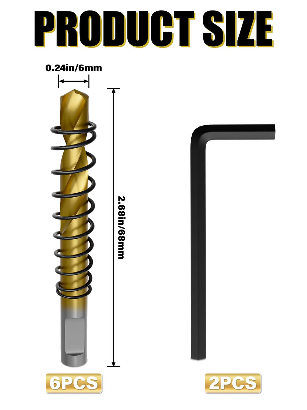 Pilot Drill Bits for Hole Saws, 6 PCS, M2 Steel 15/64"×2-11/16"(6-68mm) Titanium Coated Each one with a Spring, Plus Two Wrenches. Suitable for Drilling Center Holes in Iron, Wood, Steel, and Plastic