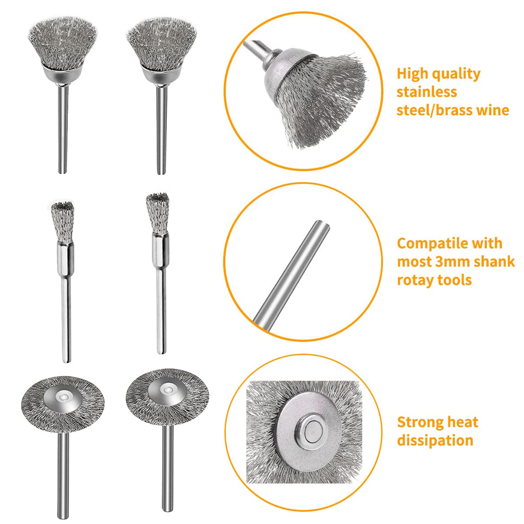 JIUNENG 45 Pcs Stainless Steel Wheel Wire Brush Set 1/8" Shank Rotary Tool