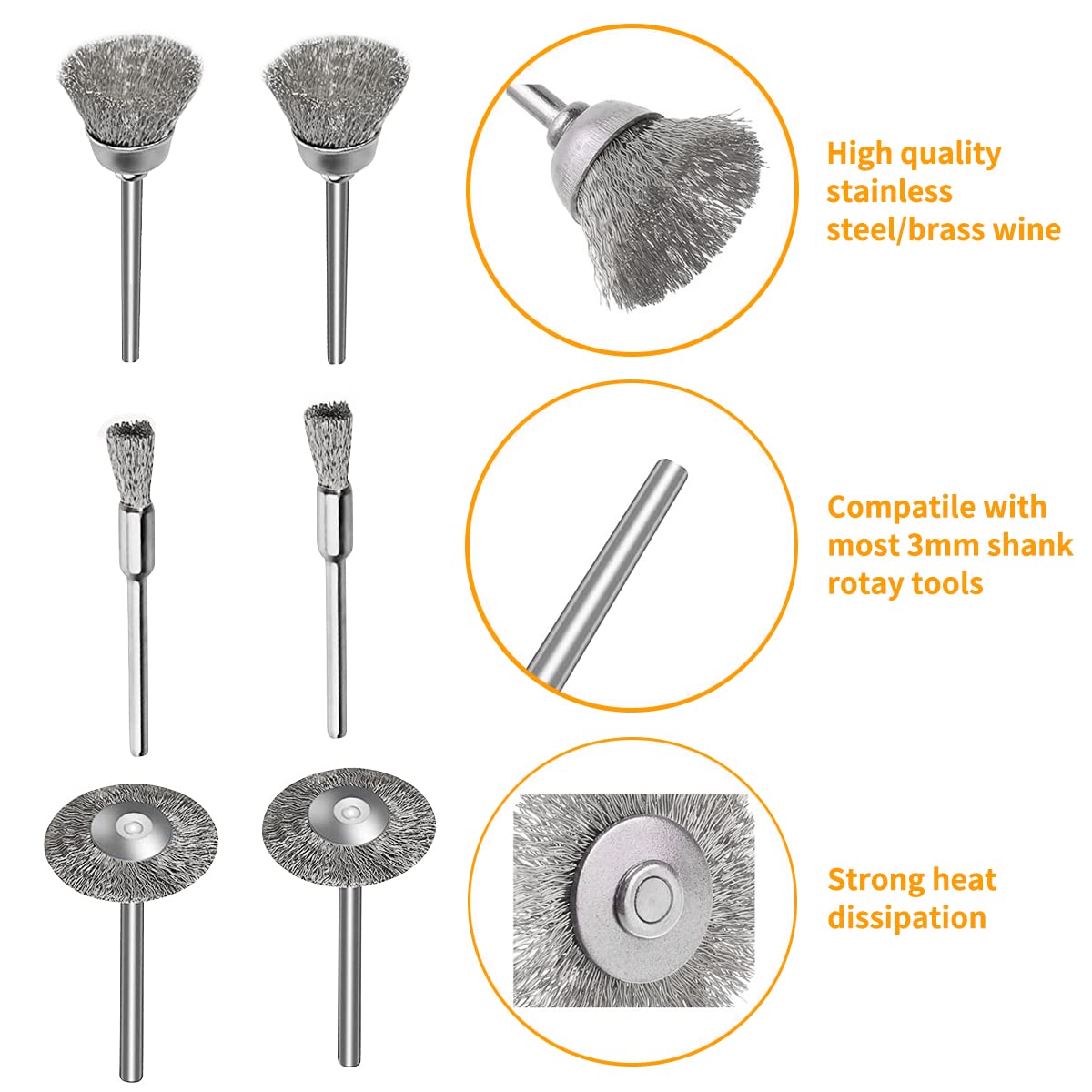 JIUNENG 45 Pcs Stainless Steel Wheel Wire Brush Set 1/8" Shank Rotary Tool