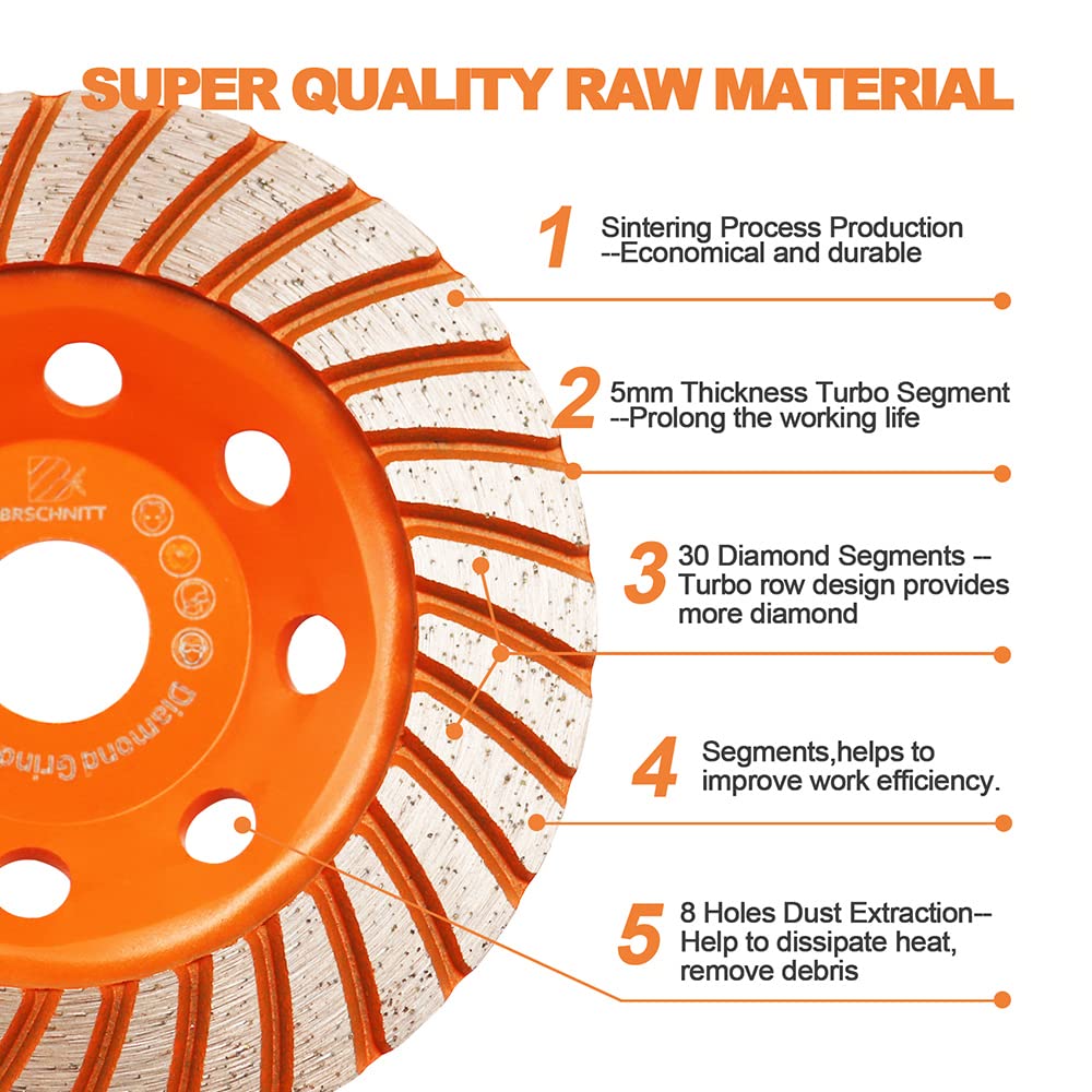 Concrete Diamond Turbo Grinding Cup Wheel,BRSCHNITT 5 inch Diamond Turbo Row Cutting Wheel for Grinding/Polishing/Cleaning Surface Grinding Granite,Concrete,Stone,Cement,Marble