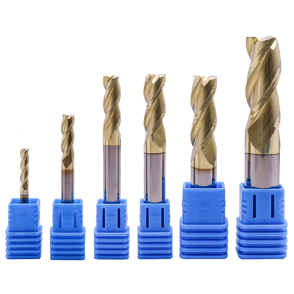 6Pcs 3 Flute 1/8"-1/2" Solid Carbide End Mills Set for Aluminum, ZrN Coated
