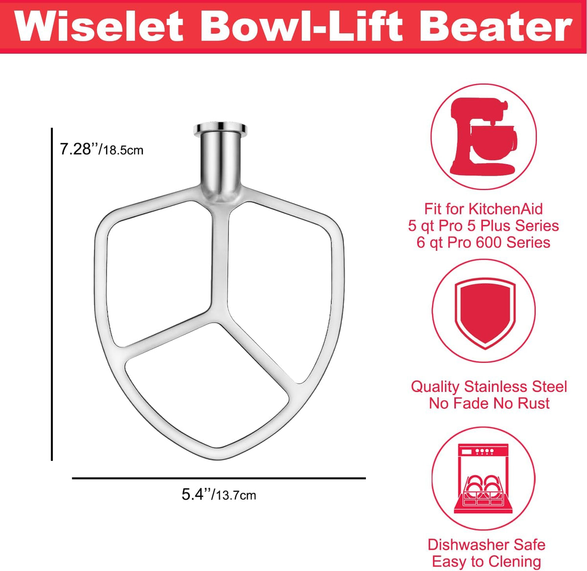 Stainless Steel Flat Beater for KitchenAid 5qt-6qt Bowl-Lift Stand Mixer, Fit for Professional 5 Plus and