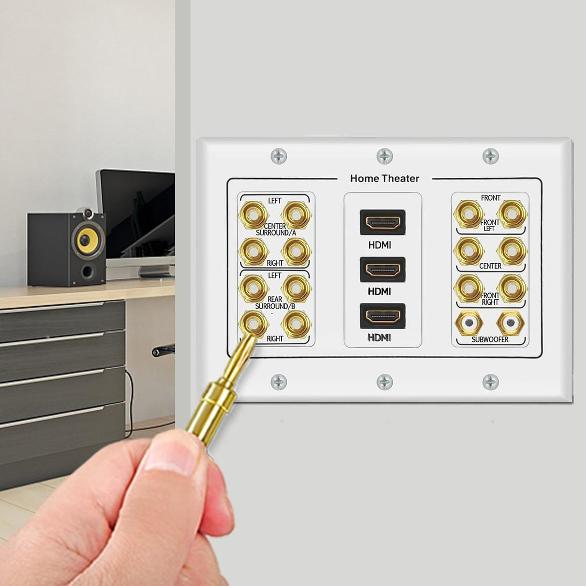 3 Gang 7.2 Surround Sound Distribution Home Theater Wall Plate | Copper Banana Binding Post Coupler Type