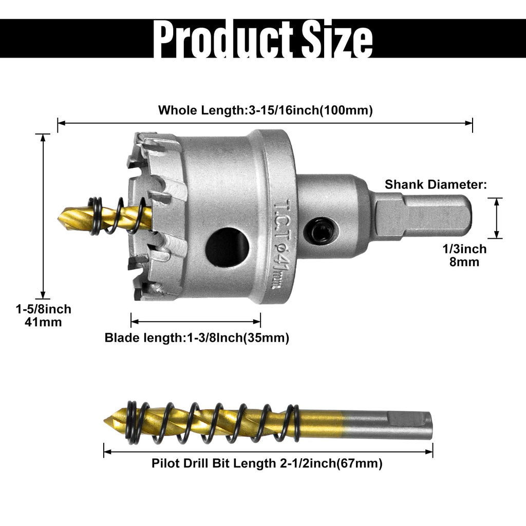 SALI 1-5/8" (41mm) TCT Hole Saw Kit Tungsten Carbide Tipped Hole Saw Drill Bit with Titanium-Plated Pilot Drill bit for Metal, Stainless Steel, Iron, Wood, Plastic
