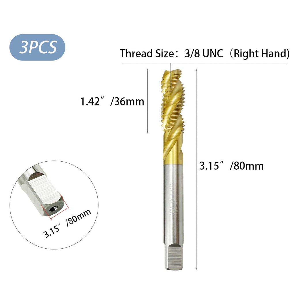 HXymxkeqi 3Pcs 3/8-16 UNC Spiral Flute Thread Taps, Titanium Coated 6542 HSS Machine Tapping Tool for Blind Hole, H2 Accuracy, 3.15" (3/8-16 UNC)