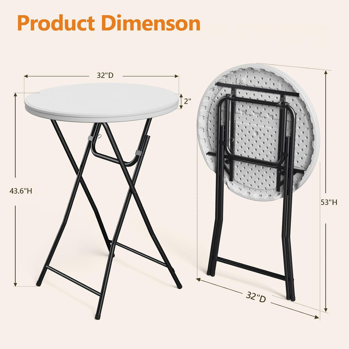 Cocktail Table, 32 Inch Folding Bar Table, High Top Round Tables, Outdoor Portable Bistro Tall Folding Table for