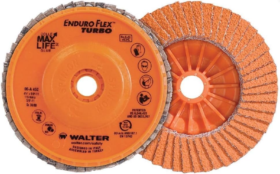 Walter 06A452 4-1/2x5/8-11 Enduro-Flex Turbo Spin-On Discs Fast Grinding Blending Flap Disc Grit 36/60 Type 27S, 10 pack