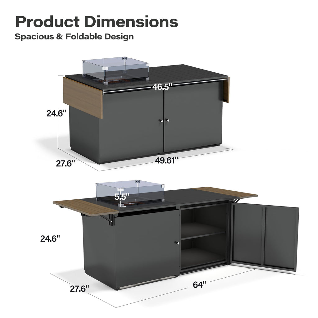 64" Gas Fire Pit Table for Outside Patio, 55,000 BTU Propane Firepit with Expandable Tabletop & Wind Guard-Dark Black