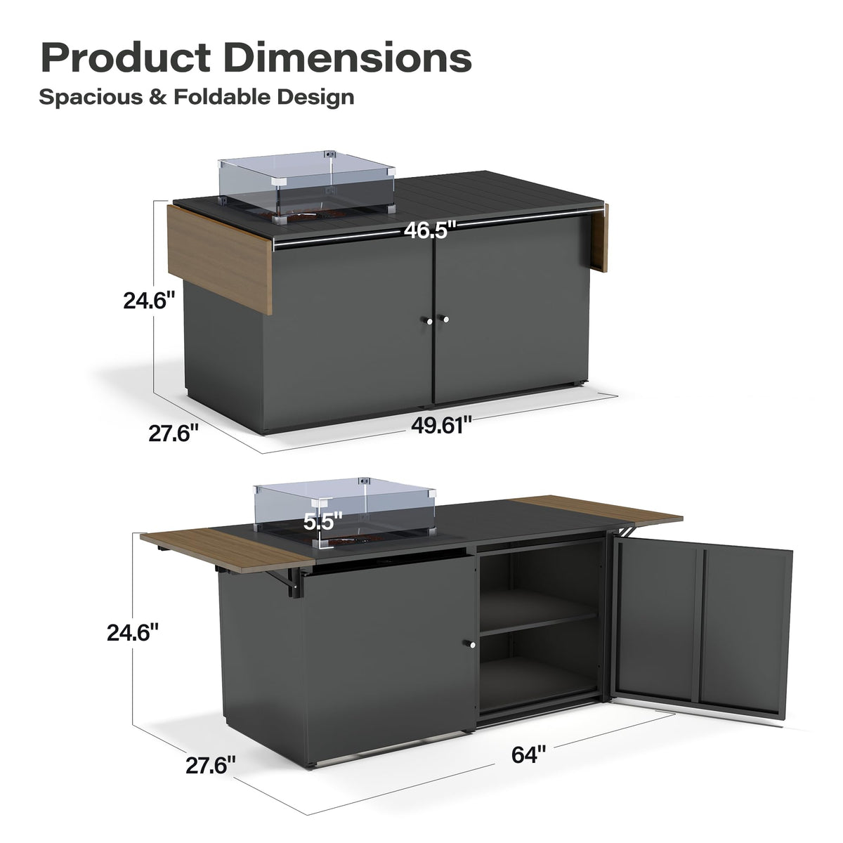64" Gas Fire Pit Table for Outside Patio, 55,000 BTU Propane Firepit with Expandable Tabletop & Wind Guard-Dark Black