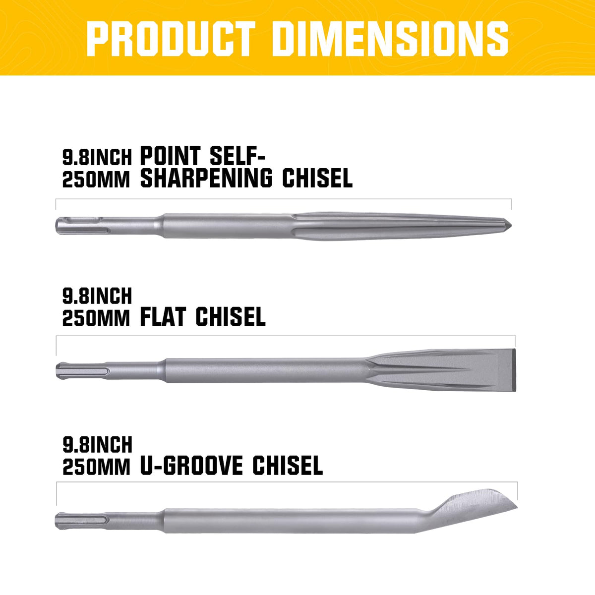 TGFTGF 3PCS SDS Plus Rotary Hammer Drill Bits and Chisel Set, SDS Plus Bits, 40Cr Alloy Steel Masonry Drill Bit Set, Point Self-Sharpening Chisel/Flat Chisel/U-Groove Chisel/for Concrete, Brick, Stone