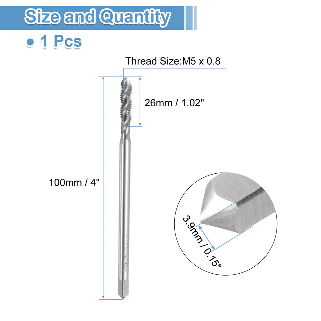 uxcell Spiral Flute Thread Tap, Metric M5 x 0.8 H2 100mm (4") Extra Long Machine Screw Tap Threading Tapping Tool, High Speed Steel (HSS)