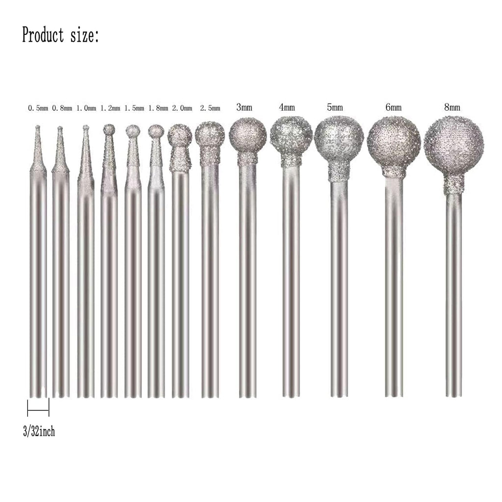 Luo ke 13 Pcs 3/32'' Shank Ball Shape Diamond Burr (0.5mm - 8mm)