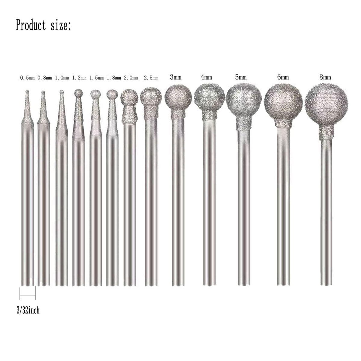 Luo ke 13 Pcs 3/32'' Shank Ball Shape Diamond Burr (0.5mm - 8mm)