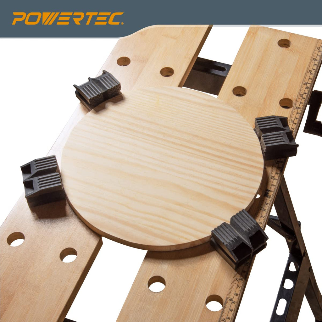 Portable Small Workbench with Vise, Imprinted Ruler and Protractor Scale, Folding Sawhorse/Worktable and 4 Bench Dogs