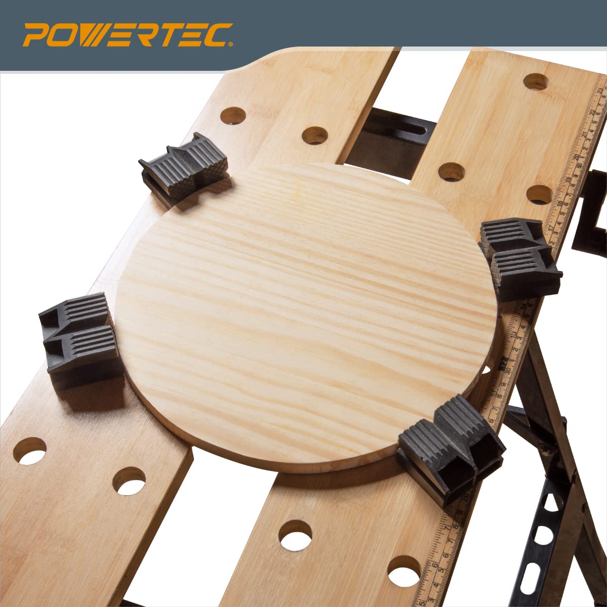 Portable Small Workbench with Vise, Imprinted Ruler and Protractor Scale, Folding Sawhorse/Worktable and 4 Bench Dogs