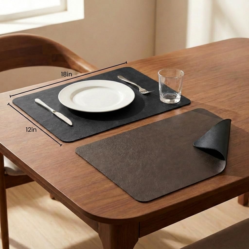 Faux Leather Placemats Set of 6, Black & Dark Brown