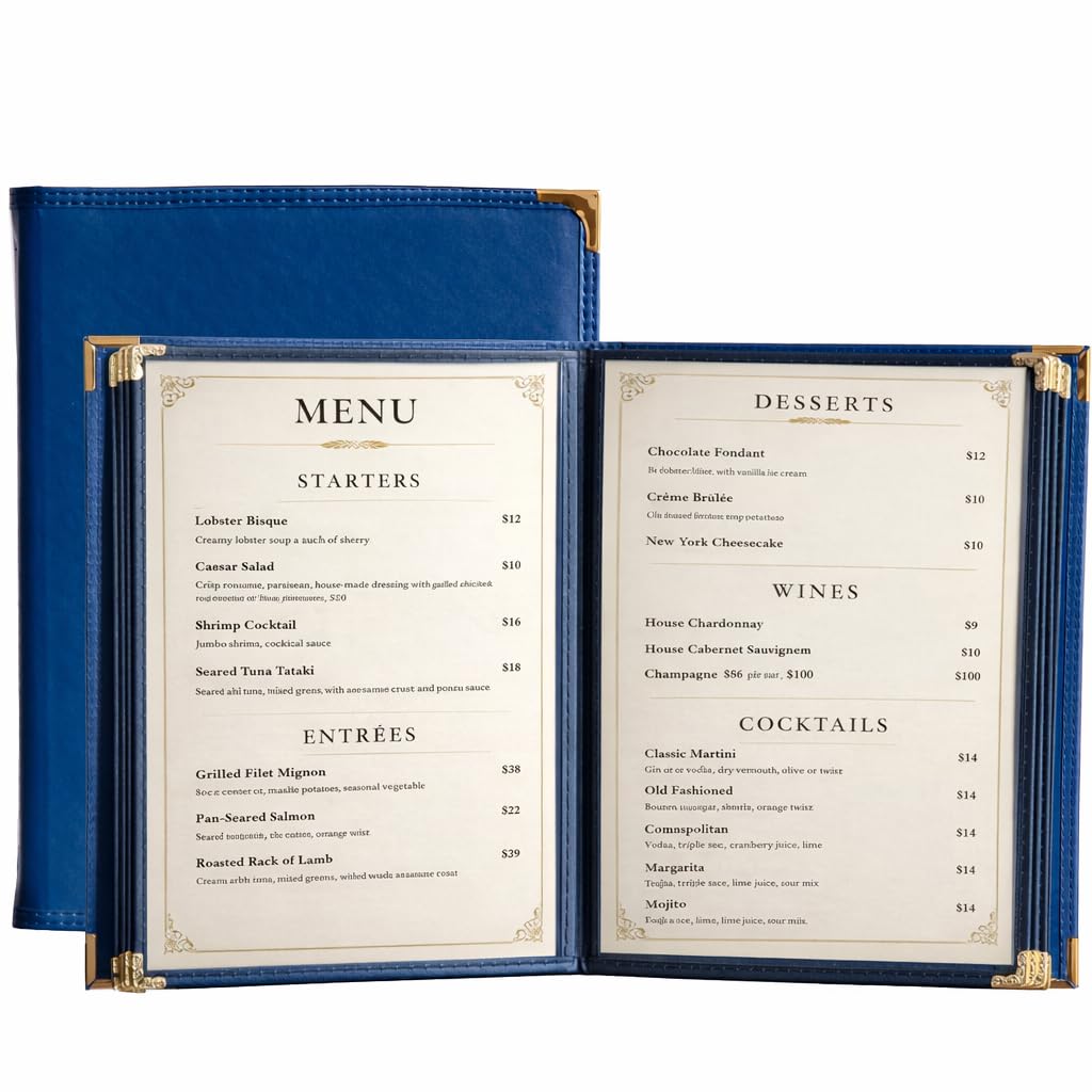 Restaurant Menu Covers 8.5×11 – 8 Page 16 View Menu Sleeve, Premium Navy Faux Leather, Waterproof Durable Menu Holder